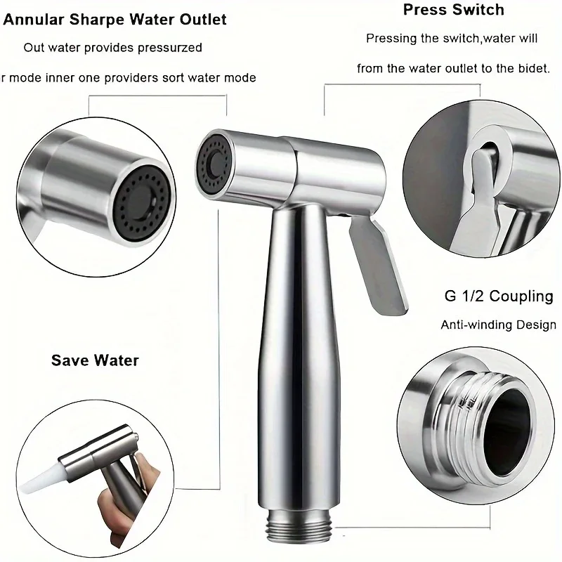 Stainless steel high-pressure handheld shower kit self-cleaning toilet/shower/pet heavy-duty leak proof nozzle