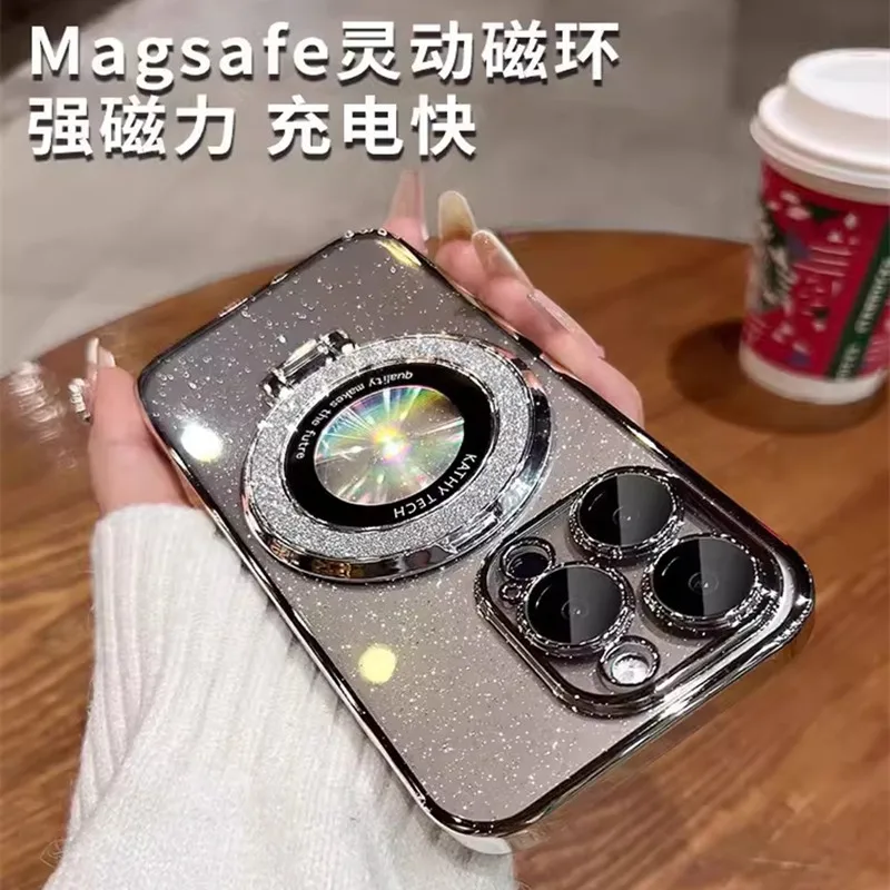 

Гальваническое блеск подходит для Apple iPhone 15 чехол для телефона увеличительное стекло Магнитный кронштейн 14 линзы пленка жесткий чехол