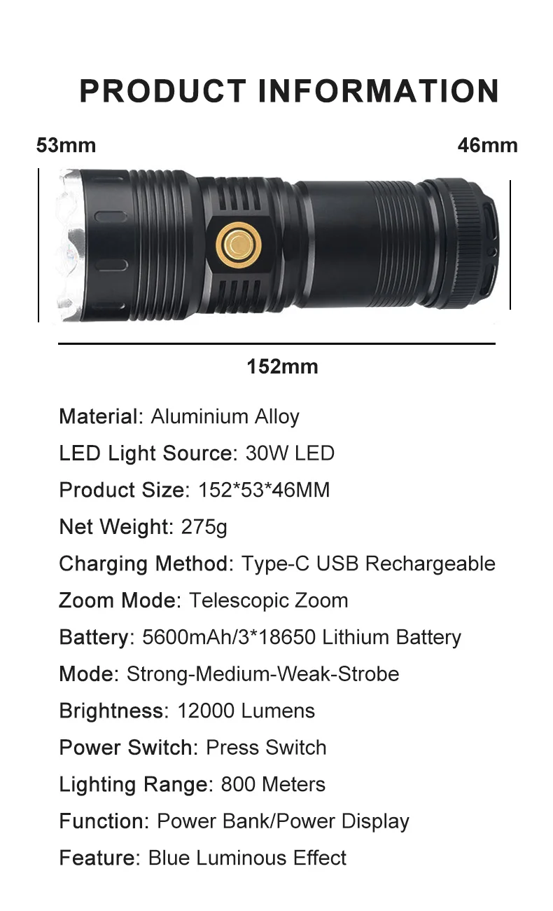Description Picture 3 of itemNew Ultra Strong Light Flashlight Long Range 5000M High Lumen Patrol Focusing Long Range Zoom Multifunction 30W LED Flashlights