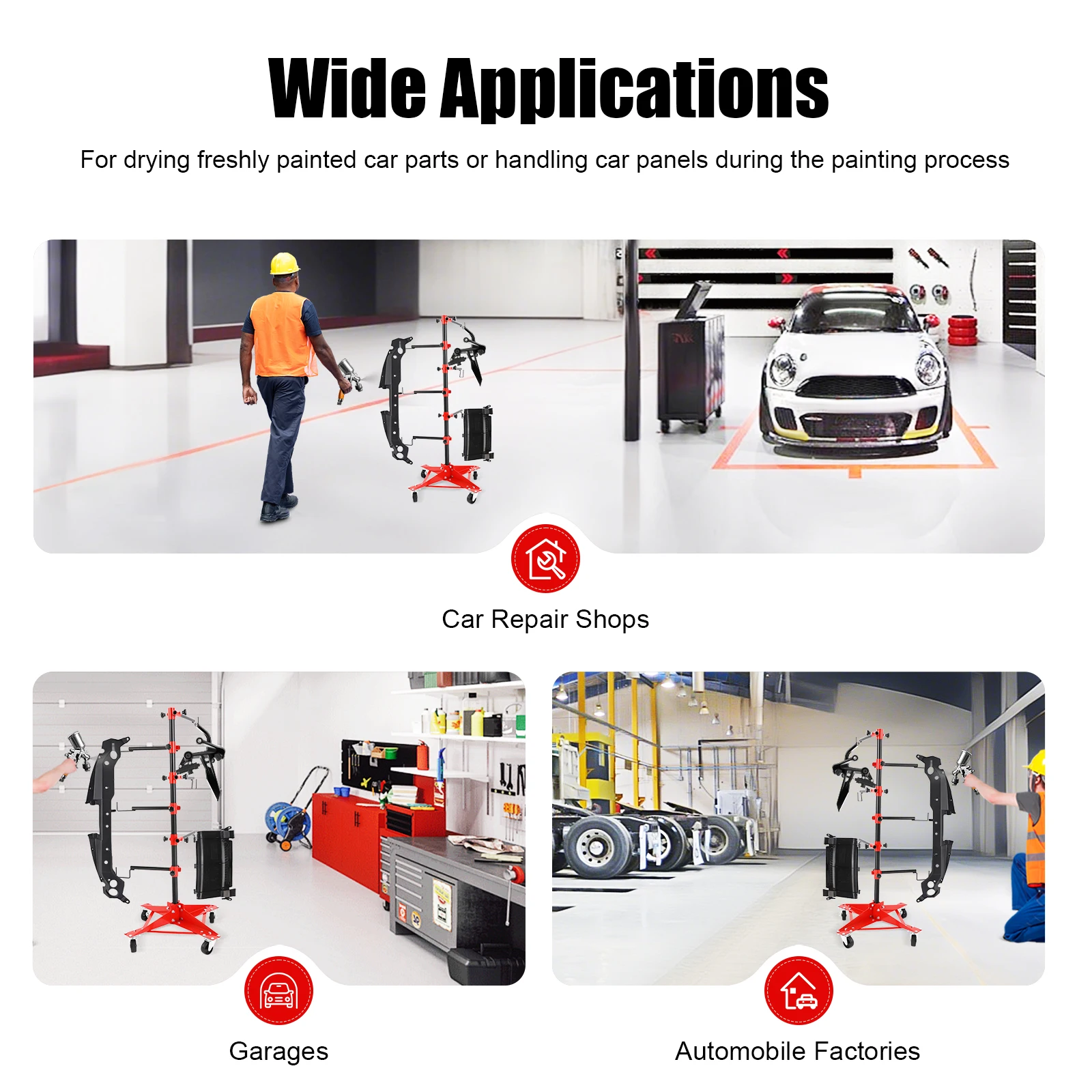 Auto Panel Tree Paint Stand with 4 Wheels 6 Adjustable 360° Rotating Hook Arms Heavy Duty Rack for Car Doors Fenders Bumpers