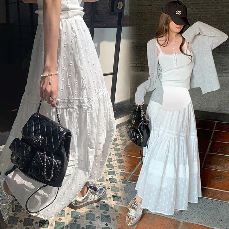 Korean Style Maternity White Skirts Hollow Out Lace Patchwork High Waist Pregnant Woman Ball Gown Cake Skirts Pregnancy Skirt