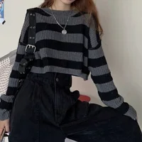 New Korean Style Striped Cropped Sweater Women Vintage Oversize Knit Jumper Female Autumn Long Sleeve O-neck Pullovers Tops - Image 4