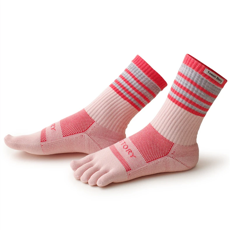 1 Paar COOLMAX Damen-Sportsocken mit Zehenpartie, rosa gestreift, schnell trocknend, schweißableitend, elastisch, Fünf-Finger-Radsocken für den Außenbereich – Detail 1