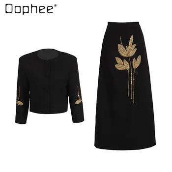 French Style Elegant Socialite Suit Heavy Embroidery Flower Beaded Round Neck Short Top + High Waist Skirt Two-Piece Set Women