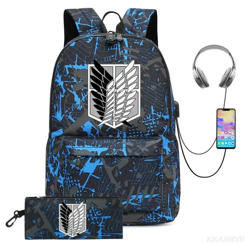 Mochila Attack on Titan para mujer y hombre, suave, 2 piezas, antibloqueo, mochila escolar, portátil, impermeable, capacidad de viaje, mochilas
