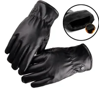 Mens Winter Black Leather Gloves Fleece Touchscreen Lined Water-Proof For Motorcycle Driving Dress Real Sheepskin Warm 1