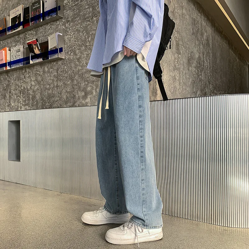 

Elastic Waist Jeans Men's Fashion Brand Hong Kong Style Loose Handsome Versatile Straight Casual Wide Leg Pants