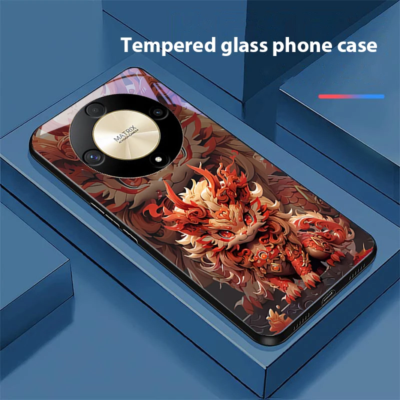Chinese Style Lion Design Tempered Glass Phone Case