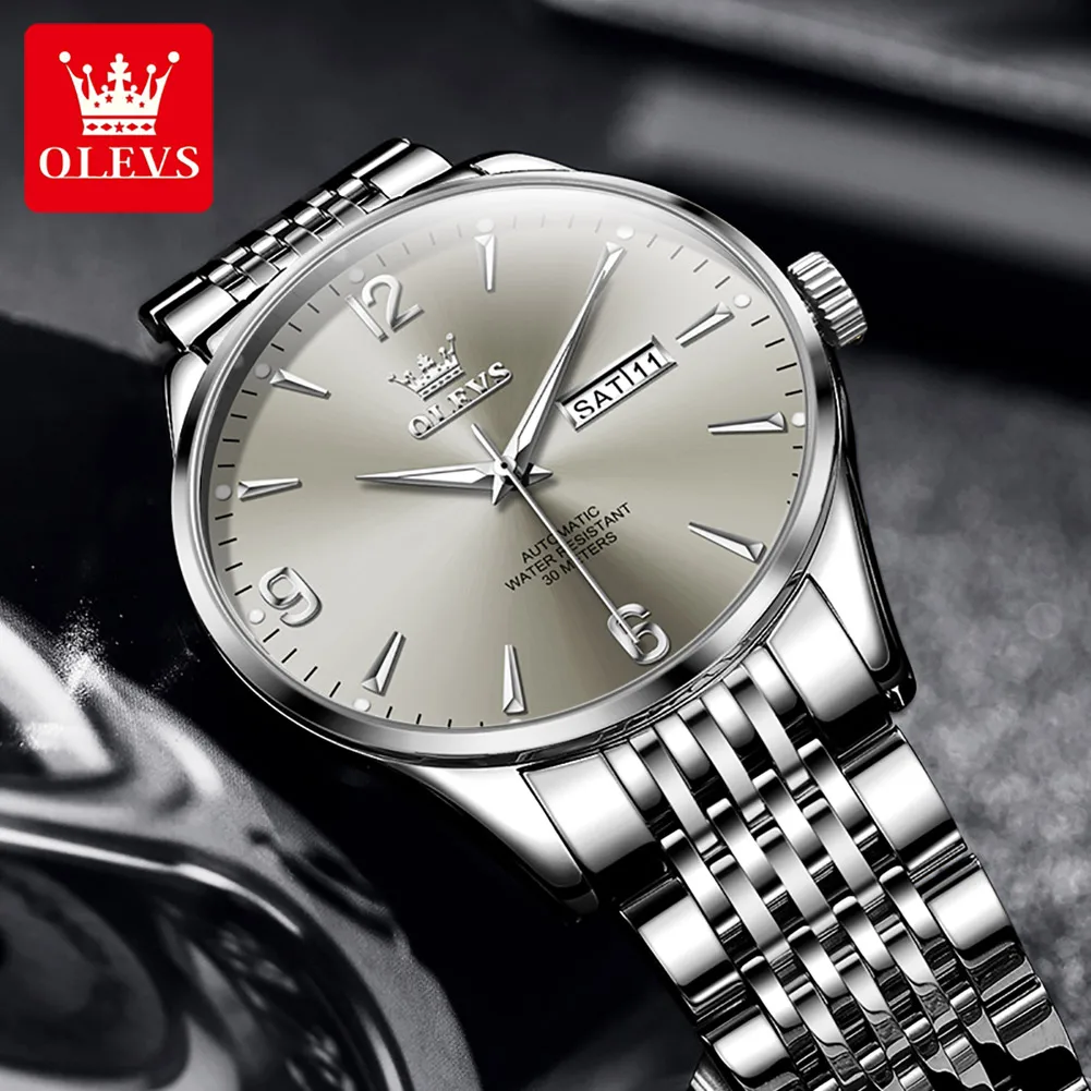 OLEVS 9928 Watch For Men Fashion Number Scale Dual Calendar Automatic Wristwatch Top Brand Waterproof Man Mechanical Watches