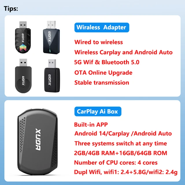 XUDA 2in1 Wireless CarPlay AI Mini Box Android Auto Box Plug&Play Automatic Connection Compatible with 99% of Cars For Car Radio 6
