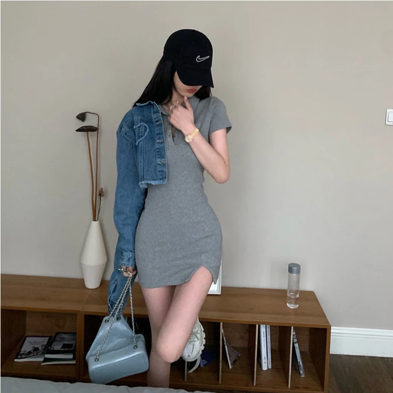 Cute Girl Korean Mirror Selfie Aesthetic Outfits For Girls Lapel T-Shirt  One Piece Woman Dress