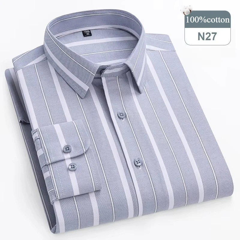 Men's Plus Size Long-Sleeve 100% Cotton Slim Fit Formal Shirt - Soft Plaid and Striped Design