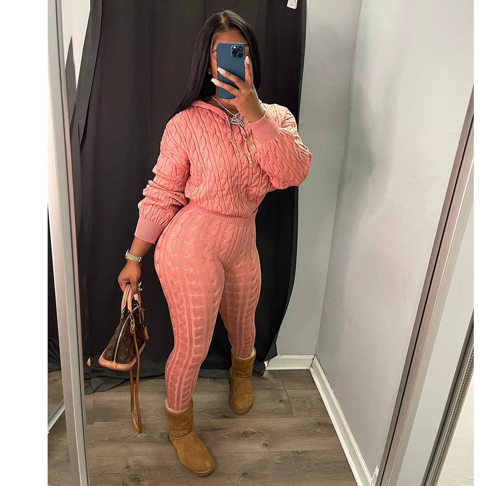Women Sweater Set Autumn Winter Casual Knitted Long Sleeve Hoodie And Pants Set 2 Piece Set Lounge Wear Sweater Women Outfits
