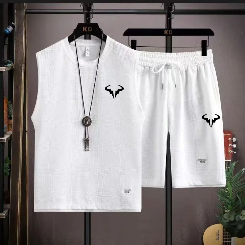 2024 Men's Waffle Summer Sets Casual T-Shirt+Shorts Set Male Sports Suit Solid Color Tracksuit Loose Suits 4