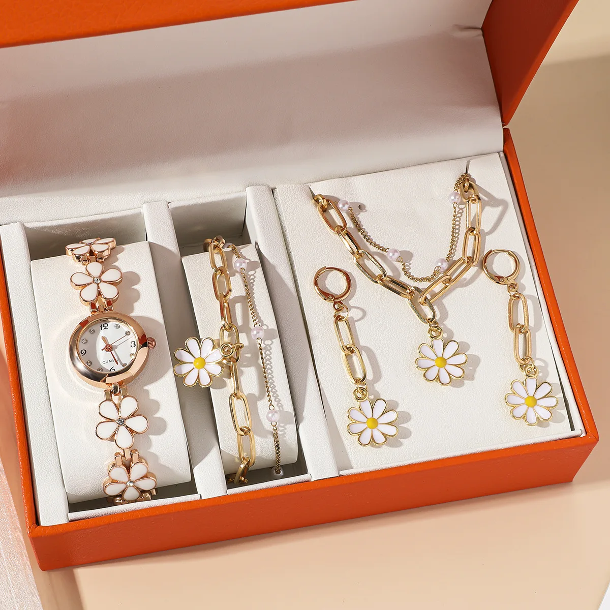 Women Quartz Watch Set Crystal Bracelet Watch Female Jewelry Set 5 Pcs Bracelet Necklace Earring Watches Lady's Wife Mom Gifts