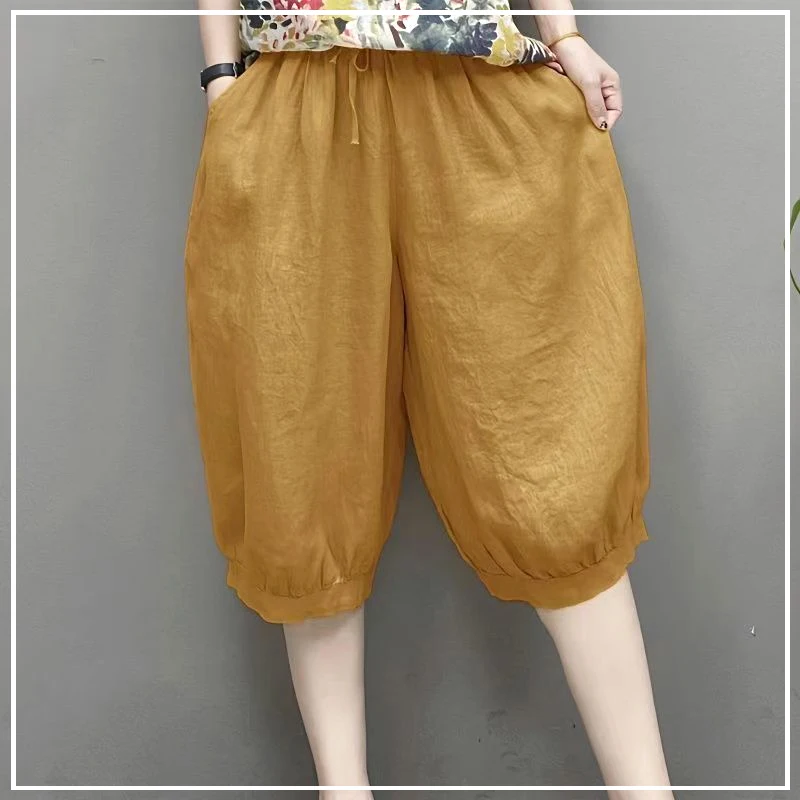 2024 New Summer Minimalist Solid Color Loose Casual Oversize High Waisted Lace Up Ice Silk Cotton Linen Five Point Lantern Pants