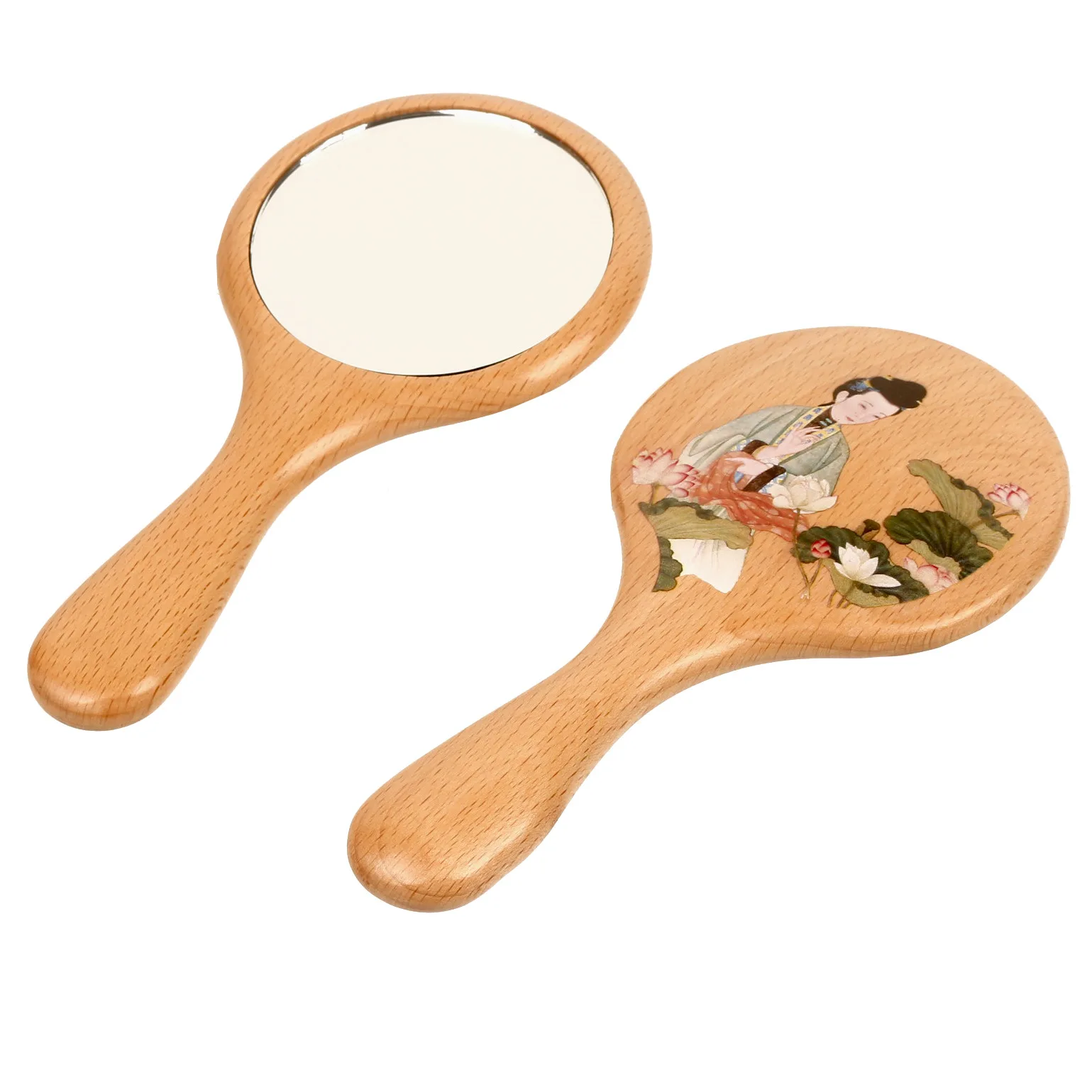 너도밤나무 손잡이 거울, 고대 미인 사진 거울, 휴대용 메이크업 리무버, 미용 ..