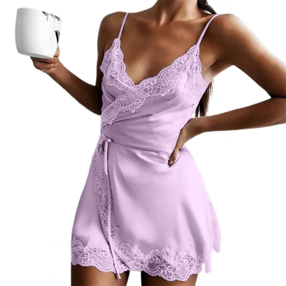 

Women Nightdress Deep V Neck Floral Edge Spaghetti Straps Lace Nightgown for Bedroom