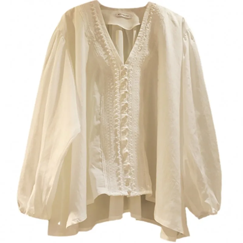korean Dongdaemun 2023 White Lantern sleeve V-neck shirt Women's Loose Casual Style Long Student Fashion