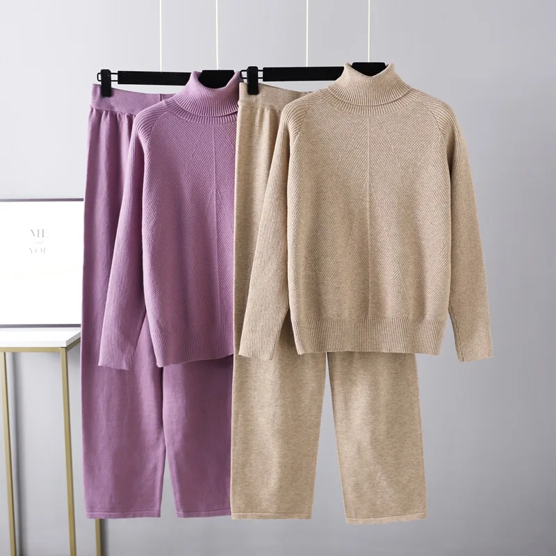 

Autumn Winter Women's Tracksuit Solid Color Striped Turtleneck Sweater and Elastic Trousers Suits Knitted Two Piece Set
