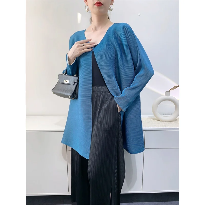 

MIYAKE 2024 Spring and Autumn Pleated Style Mid length Women's Toothpick Cardigan Double layer Long Sleeve Comfortable [WT-719]