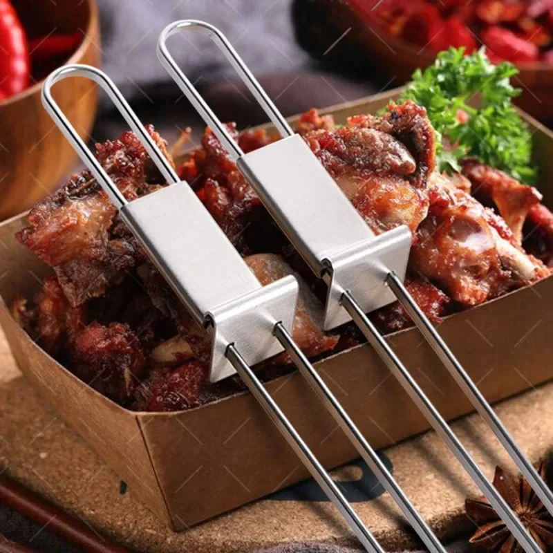 Reusable Barbecue Needle Wide Flat Barbecue Fork Stainless Steel Double Needle Skewers Household Accessories