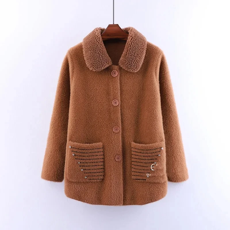 

Autumn Imitation Mink Fleece Jacket Women's Overcoat Loose Thicke Warm Mother Mao Mao Tops Elegant Long Sleeve Fur Collar Coat