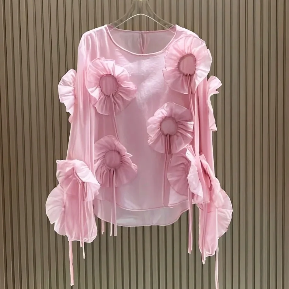 

Spring Summer Pink Blouse Shirts Women's Young Ladies Luxury Handmade Floral Appliques Blouses Party Blousa Tunic Tops NZ135