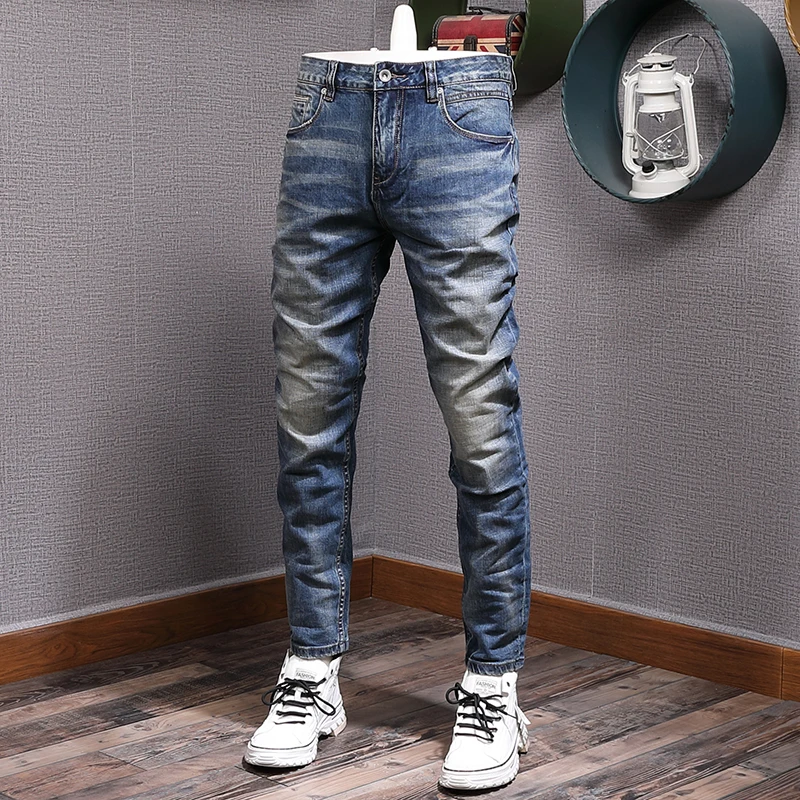Newly Vintage Fashion Men Jeans High Quality Retro Blue Stretch Slim Fit Ripped Jeans Men Casual Designer Denim Pants Hombre