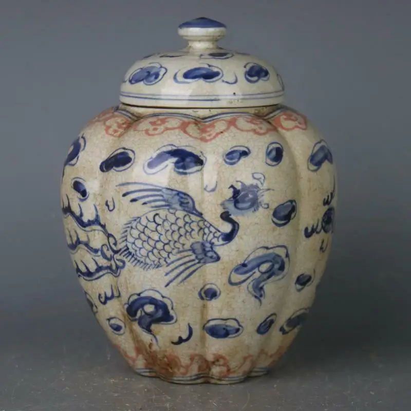 Chinese Yuan Blue and White Porcelain Jar Dragon Phoenix Design Pot 9.17 inch