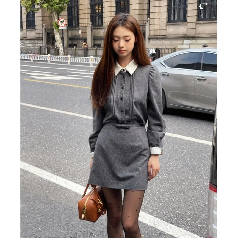 

Miiiix Early Autumn Fashion and Elegance High Grade Grey Wool Texture Flip Collar Shirt Short Skirt Commuting Two Piece Set