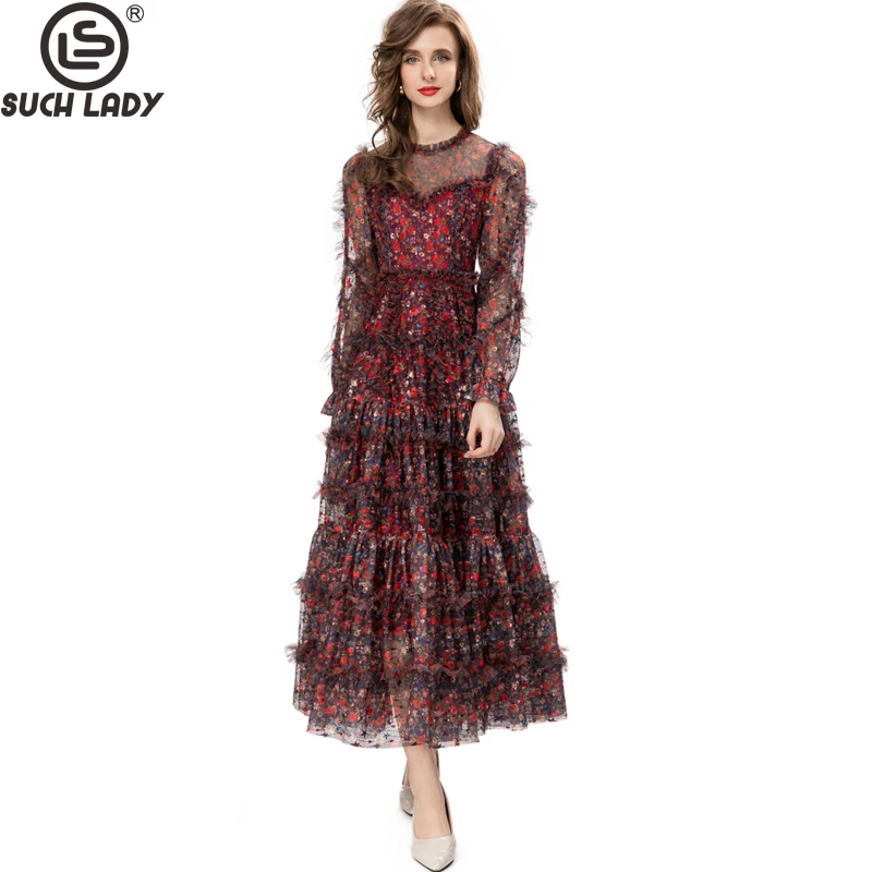 

Women's Runway Dresses O Neck Long Sleeves Tiered Ruffles Printed Floral Elegant Vestidos Party Prom Gown