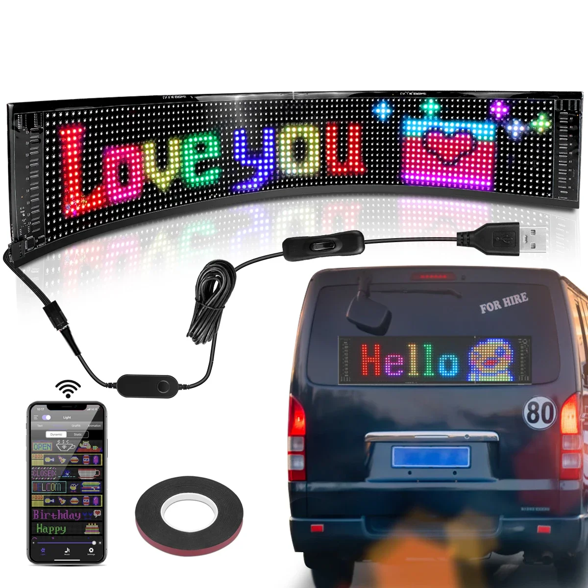 Фото Новая Светодиодная панель USB 5 В, Bluetooth, модифицируемое приложение RGB с рисунком граффити, прокрутка текста, анимационный дисплей для автомобиля/магазина №1