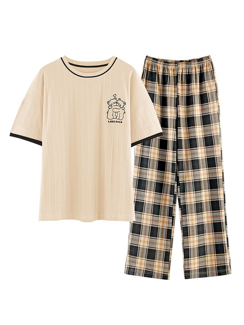 Women Pajama 2 Pcs Sets Cotton T-shirt Elastic Waist Ankle Length Pants Cartoon Plaid Sweet Home Clothes Can wear Outside