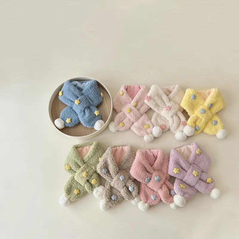 1-6years Children's Scarf Autumn and Winter Korean Version Ins Simple Labeling Star Plush Cross Boys and Girls Baby Scarfs