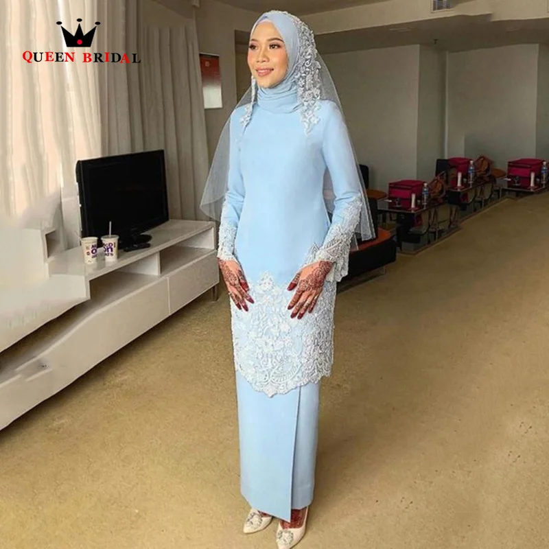 

Blue Arabic Muslim Mother Of The Bride Dresses Lace Applique Two Pieces Evening Dress Modern Long Sleeves Vestidos De Fie SN13