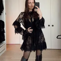 Hirigin femmes dentelle robe transparente Sexy voir à travers maille à manches longues col haut Floral couvrir Cocktail fête Mini robes 4