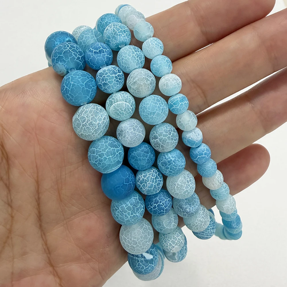 Naturstein Frostkrabbe Blauer Achat Runde lose Perlen 6 8 10 12 MM Auswahlgröße für die Schmuckherstellung