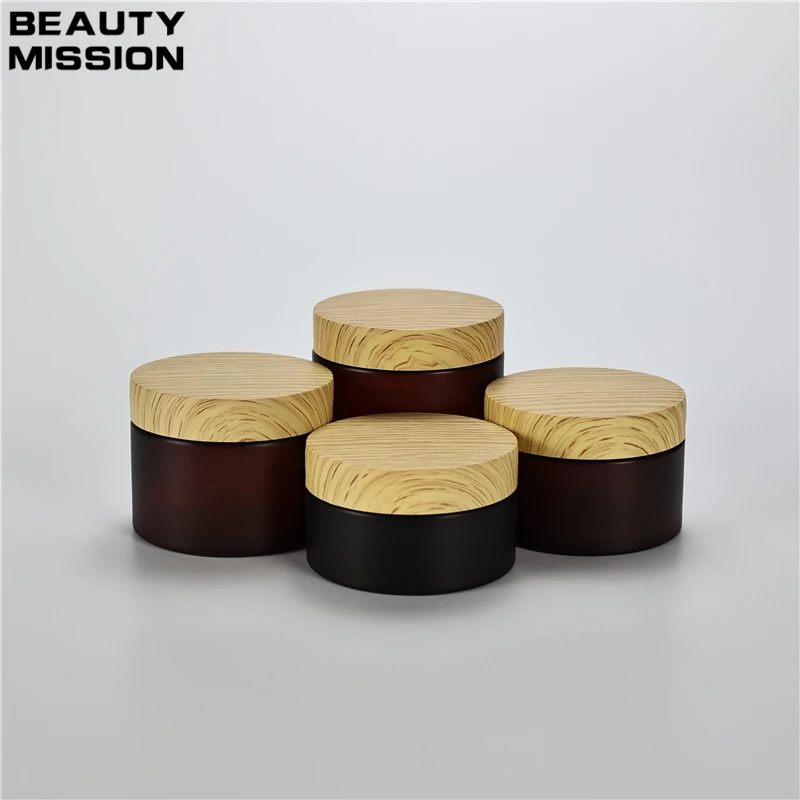 

100g-200g x 20 Frosted Amber Plastic Jar With Imitation Wood Grain Plastic Lid For Face Cream Cosmetics Ointment Packaging Boxs