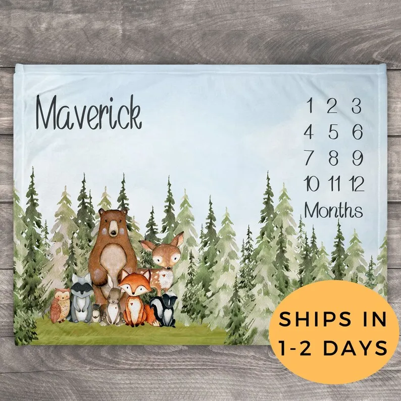

Woodland, Milestone Blanket, Nursery Growth Chart,Milestone Baby Blanket Forest, Monthly Milestone Blanket, Personalized Milesto