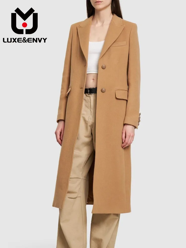 

LUXE&ENVY 2023 Autumn/Winter New Style Suit Collar Single Row Two Button Back Split Women's Solid Coat Medium Long Coat