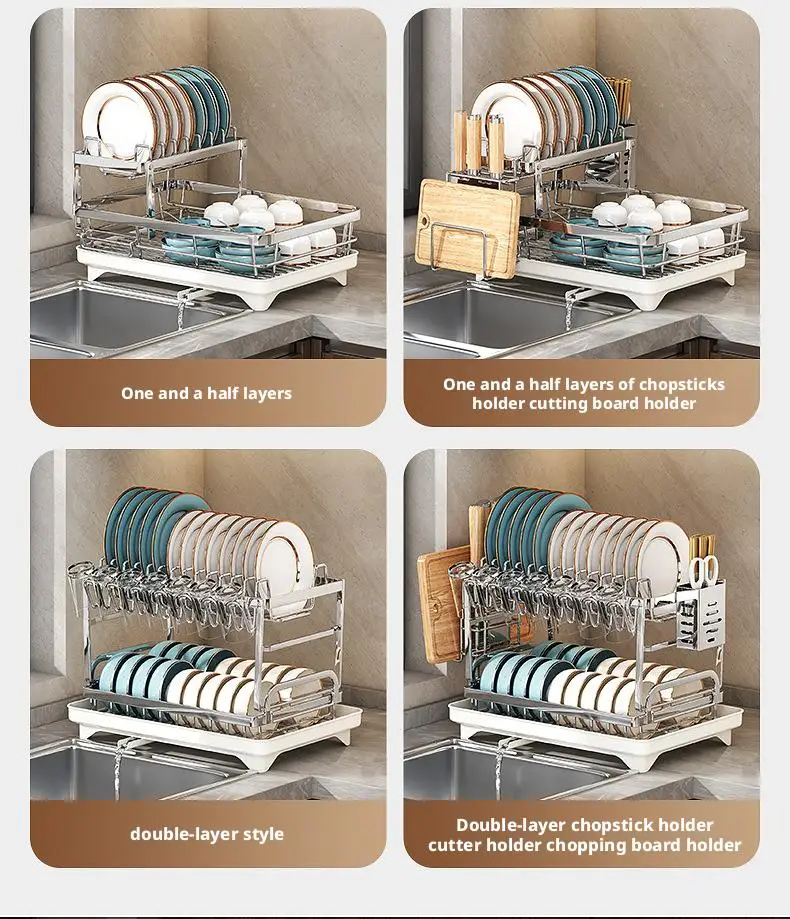 Dish Drying Rack - 2 Tier Stainless Steel Over Sink Shelf with Utensil Holder