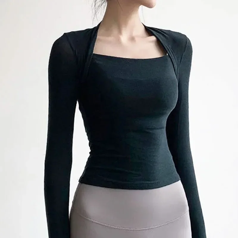 Square Neck Slim Fit Quick Drying High Elastic Lightweight Women Long Sleeves T-shirt Fitness Dance Yoga Pilates Tops