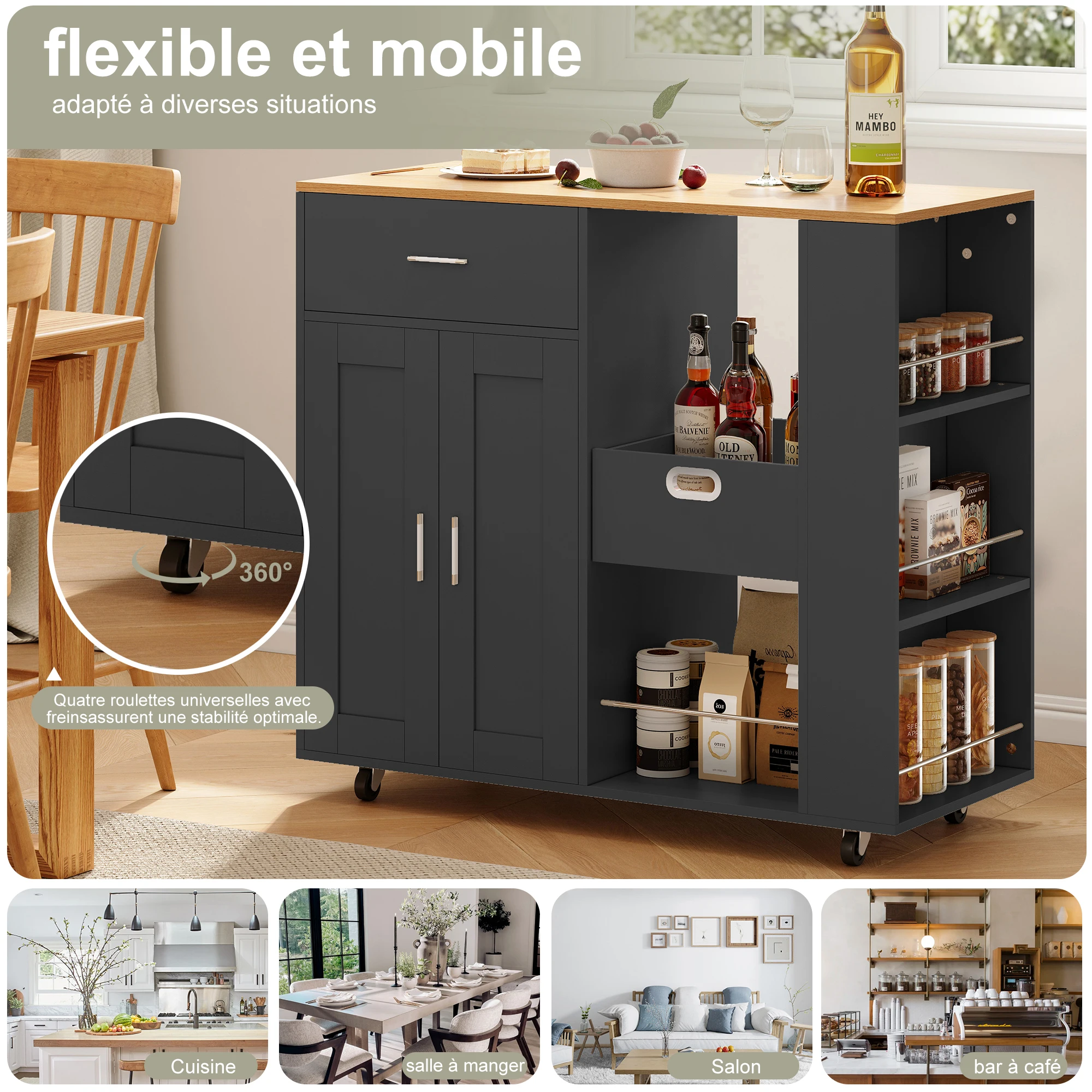 Rosahqnda Mobile Kücheninsel, Küchenwagen, abnehmbare Aufbewahrungsbox, Tischplatte aus Eichenholz, Aufbewahrungsschränke für Esszimmer, Wohnzimmer – Detail 11