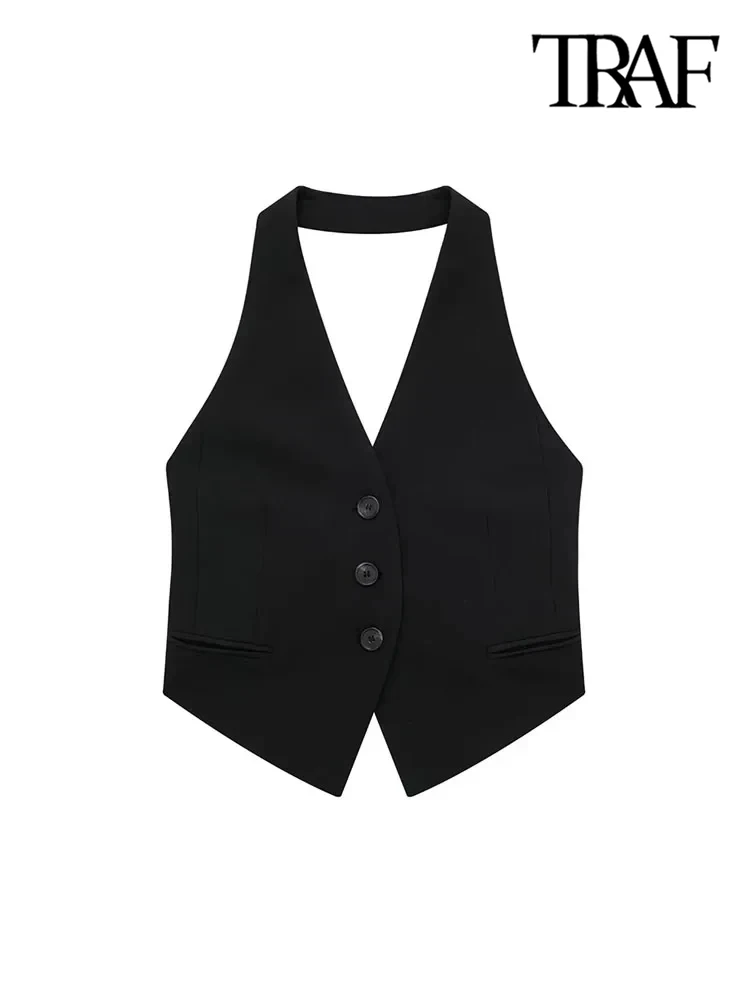 TRAF Women Fashion Backless Halter Neck Waistcoat Sexy Sleeveless Button-up Female Outerwear Chic Vest Tops 2