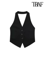 TRAF Women Fashion Backless Halter Neck Waistcoat Sexy Sleeveless Button-up Female Outerwear Chic Vest Tops 2