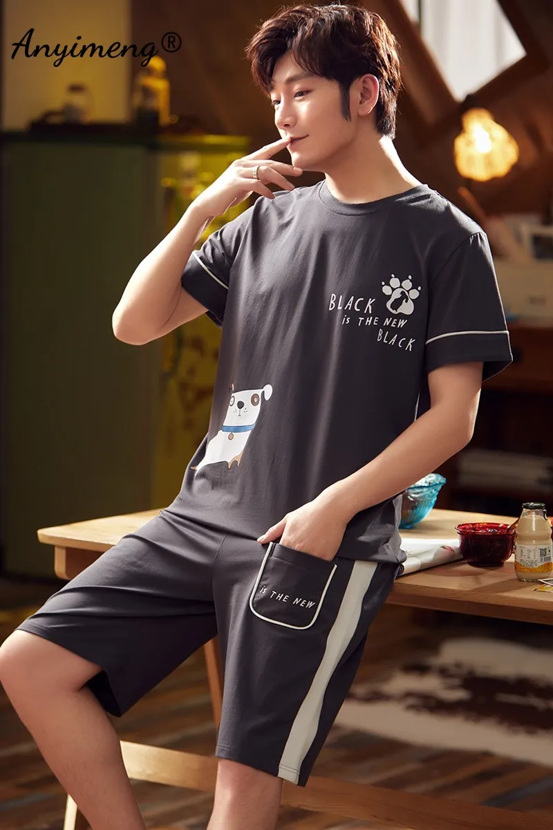 100% Cotton Youth Men Pajamas Soft Breathable Sleepwear Leisure Summer Shorts Homewear Pullover Basketball Printing Fashion Pjs mens silk pajama set Pajama Sets