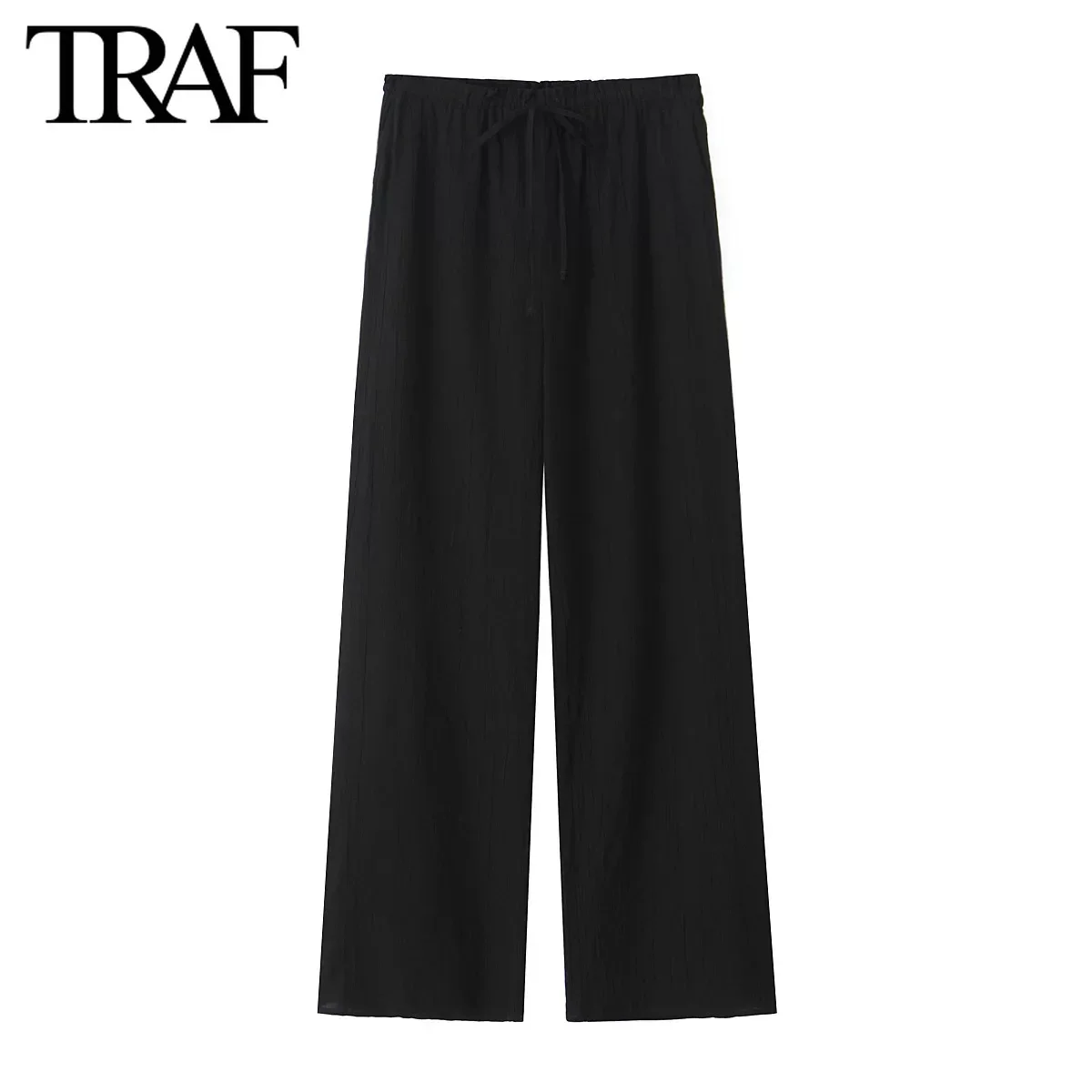 TRAF Women Fashion Spring Summer New Black Lace-up Textured Pants Chic Female Elastic Waist Wide Legs Trousers Mujer