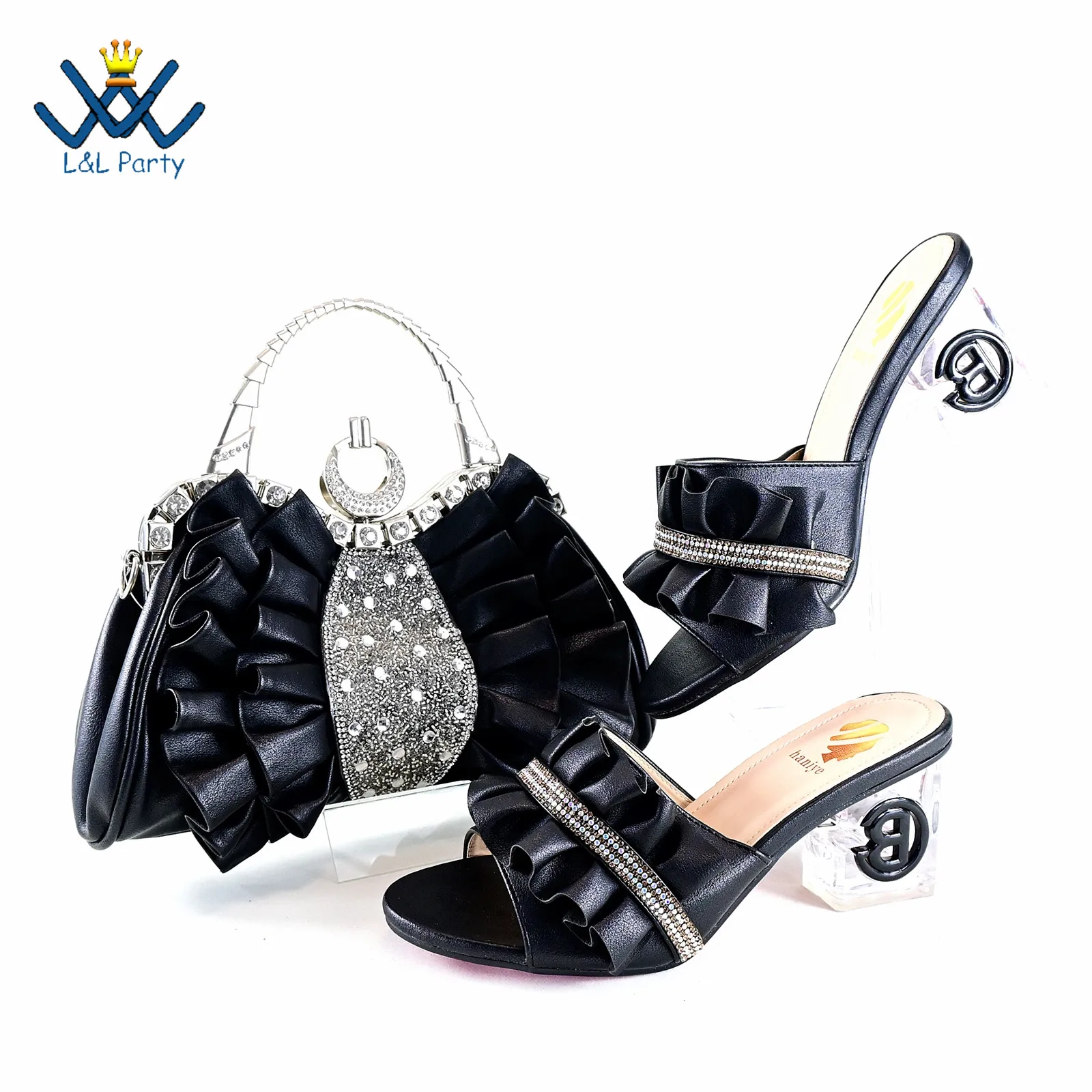 

Black Color Neutral Design Italian Women Shoes and Bag Set with Shinning Crystal Peep Toe Office & Career Slipper