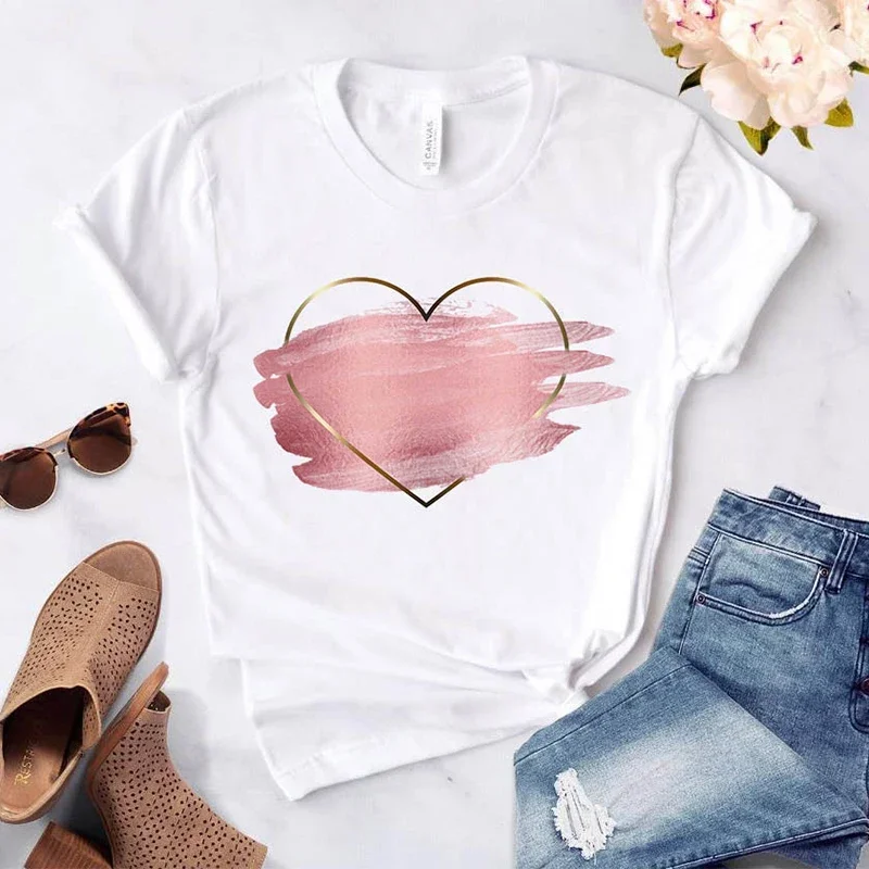 

Heart Flower Print Womens T-Shirt Ladies Casual Basis O-Collar White Shirt Short Sleeve LadiesLove Graphic Printing Cottoon